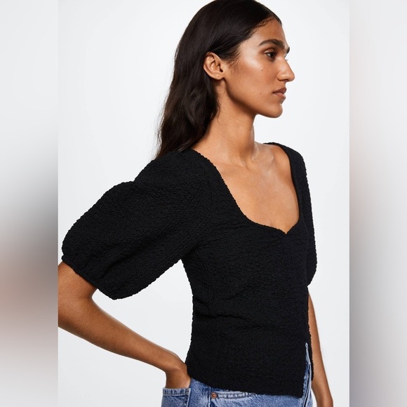 NWT MNG Mango Black Textured Puff Sleeve Top sz Xs - Picture 1 of 13